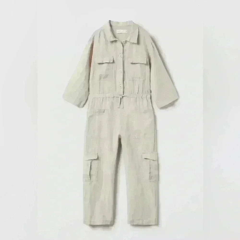 ZARA GIRLS LINEN CARGO JUMPSUIT SIZE 11 12 NEW $59 Neutral Organic Light Taupe
